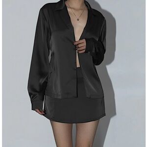 Commense Satin Tie Back Leisure Oversized Long Sleeve Silk Sexy Shirt Top Party